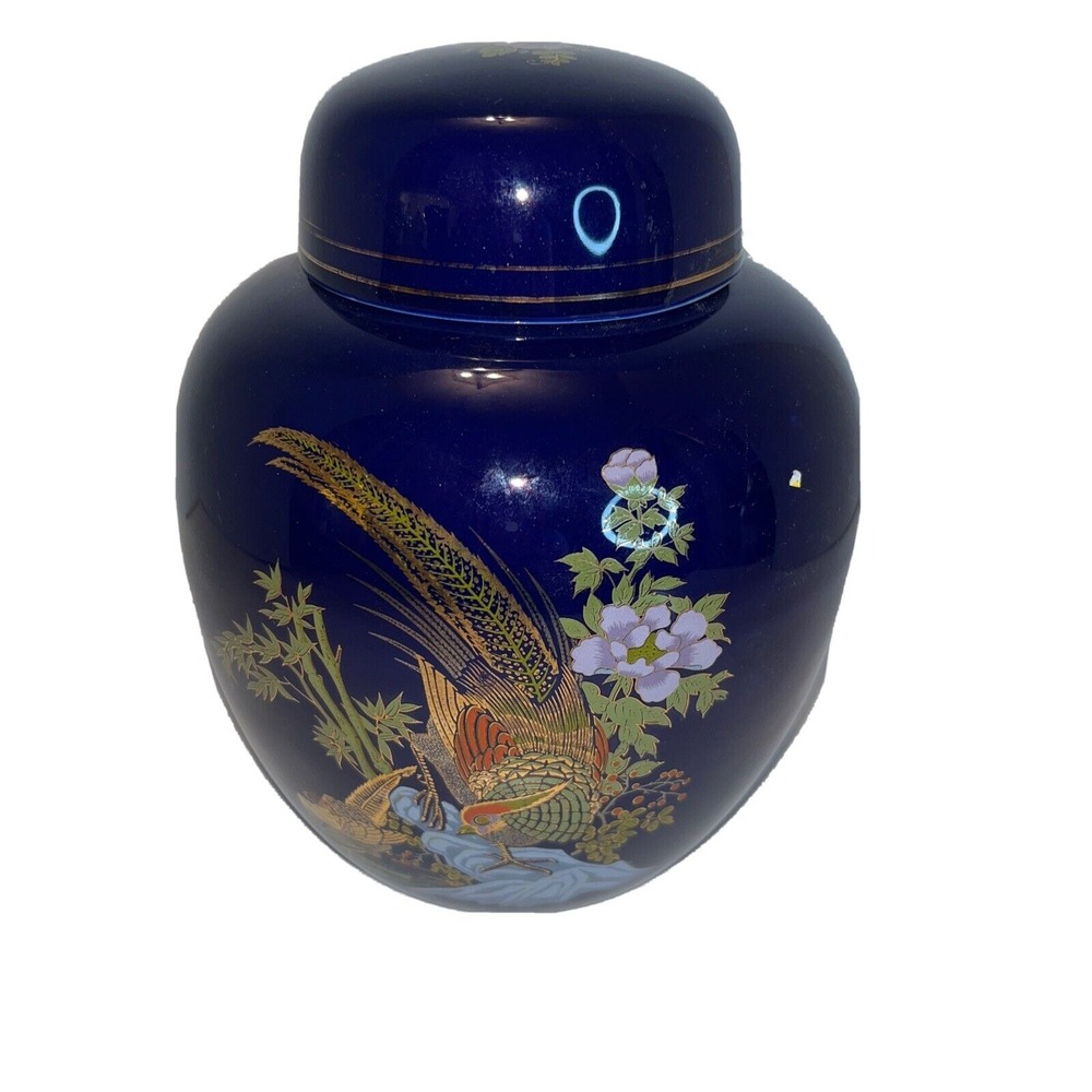 Vintage Porcelain Ginger Jar‎ w/ Lid Cobalt Blue With Gold Painting, Pheasant 7"